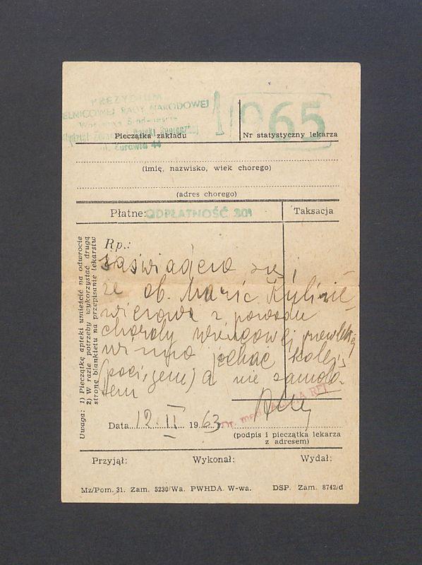 Zaświadczenie wydane przez lekarza Wydziału Zdrowia i Opieki Społecznej, dla B. Kulisiewicz; dotyczy zaleceń do podróży