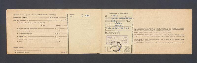 Książeczka opłat z tytułu najmu lokalu na ulicy Mazowieckiej 7 m. 12, na nazwisko Tadeusz Kulisiewicz