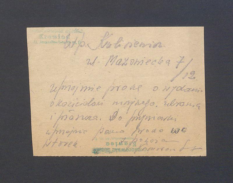 Kartka od krawca z upoważnieniem do wydania ubrania i płaszcza T. Kulisiewiczowi