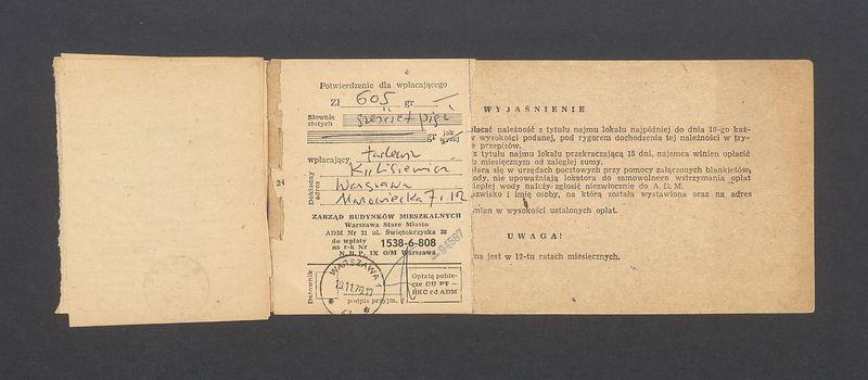 Książeczka opłat z tytułu najmu lokalu w Warszawie, na ulicy Mazowieckiej 7 m.12, część I