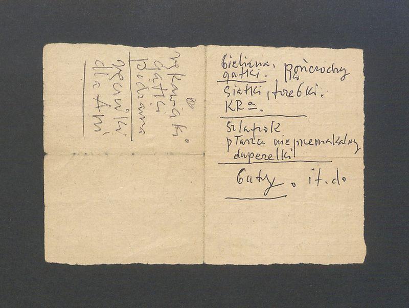 Karteczka z odręcznymi zapiskami: lista zakupów lub rzeczy do zabrania (w podróż?) i rysunek z zaznaczonymi punktami