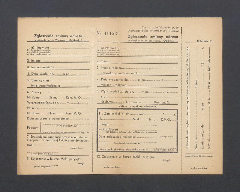 Druki Urzędowe, nie wypełnione: „Zgłoszenie zmiany adresu” w obrębie miasta stołecznego Warszawa