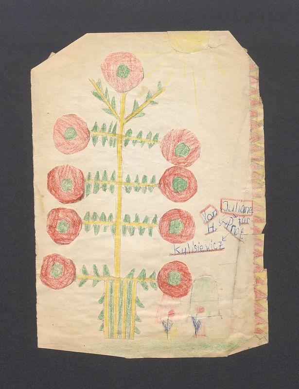 Rodzaj laurki, samodzielnie wyklejonej, z kwiatkami i słoneczkiem, na odwrocie wyliczenia matematyczne