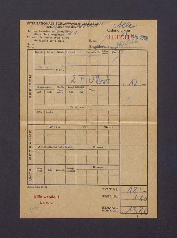 Rachunek za owoce spożyte w wagonie sypialnym austriackich kolei państwowych