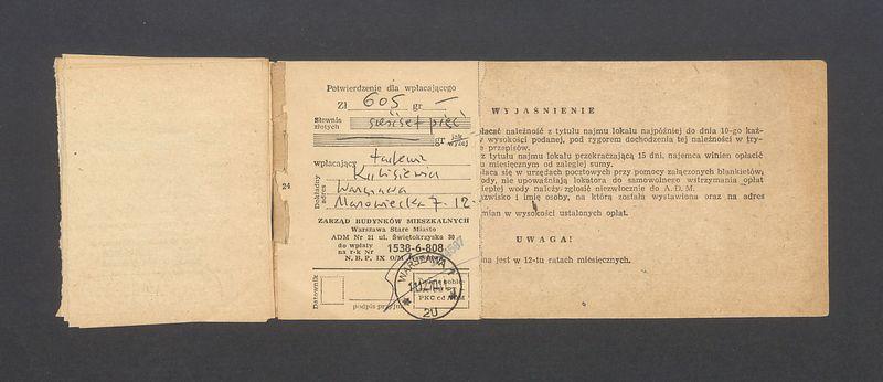 Książeczka opłat z tytułu najmu lokalu w Warszawie, na ulicy Mazowieckiej 7 m.12, część I