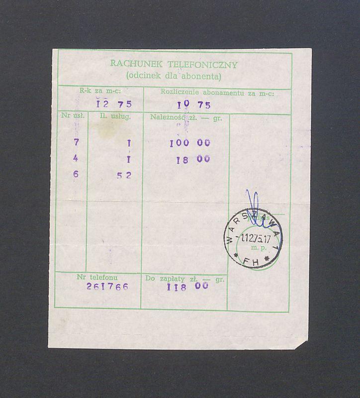 Rachunek telefoniczny (odcinek dla abonenta), za grudzień 1975r.