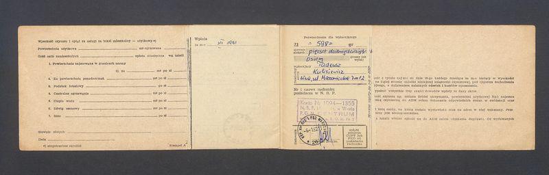 Książeczka opłat z tytułu najmu lokalu na ulicy Mazowieckiej 7 m. 12, na nazwisko Tadeusz Kulisiewicz