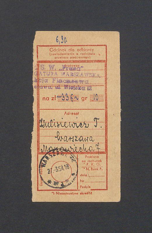 Odcinek dla odbiorcy dot. wpłat na rachunek bankowy, część I