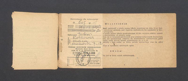 Książeczka opłat z tytułu najmu lokalu w Warszawie, na ulicy Mazowieckiej 7 m.12, część II