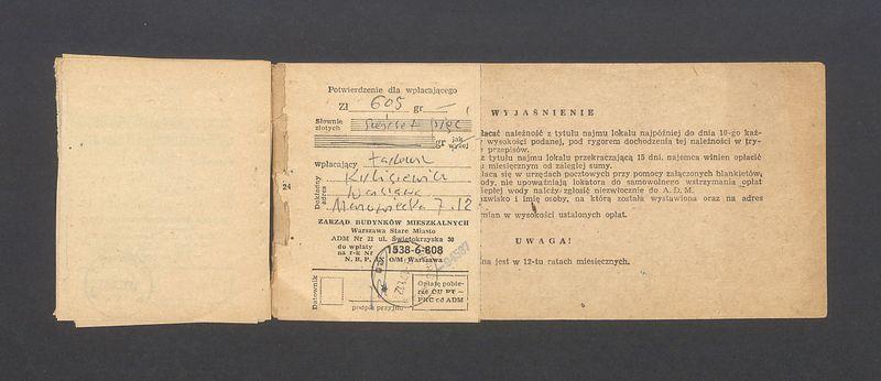 Książeczka opłat z tytułu najmu lokalu w Warszawie, na ulicy Mazowieckiej 7 m.12, część II
