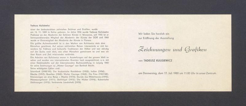 Wir laden Sie herzlich ein zur Eroffnung der Ausstellung "Zeichnungen und Grafiken von Tadeusz Kulisiewicz"
