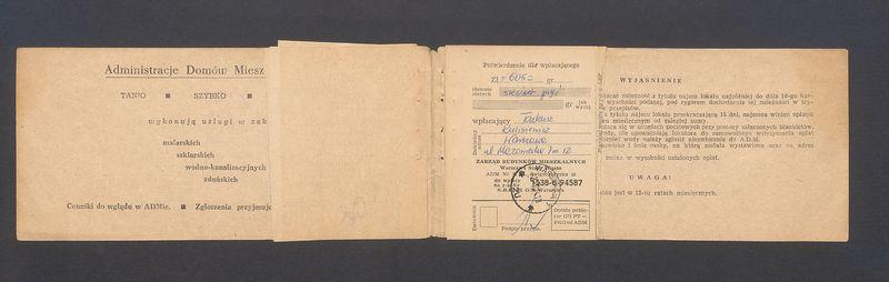 Książeczka opłat z tytułu najmu lokalu w Warszawie na ulicy Mazowieckiej 7 m.12, część I