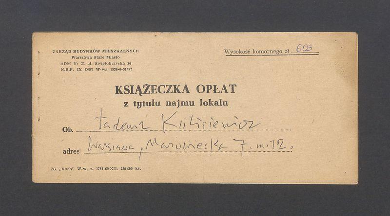 Książeczka opłat z tytułu najmu lokalu w Warszawie na ulicy Mazowieckiej 7 m.12, część I