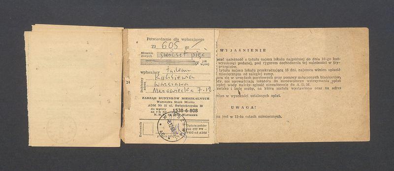 Książeczka opłat z tytułu najmu lokalu w Warszawie, na ulicy Mazowieckiej 7 m.12, część I