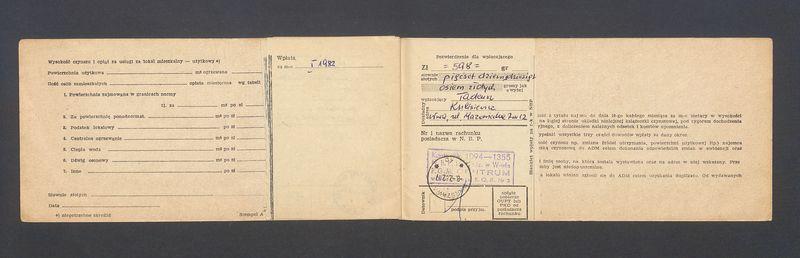 Książeczka opłat z tytułu najmu lokalu na ulicy Mazowieckiej 7 m. 12, na nazwisko Tadeusz Kulisiewicz