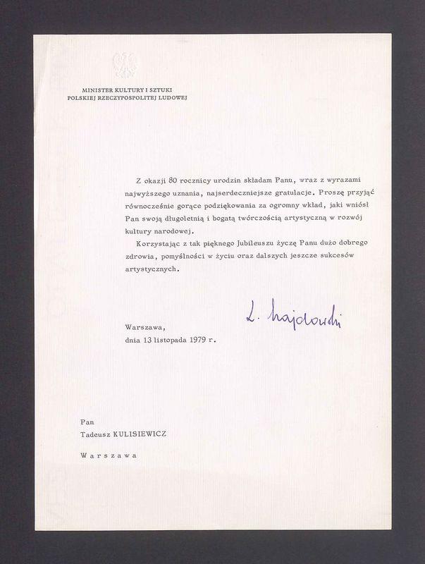 Z okazji 80 rocznicy urodzin składam Panu, wraz z wyrazami najwyższego uznania, najserdeczniejsze gratulacje [...]