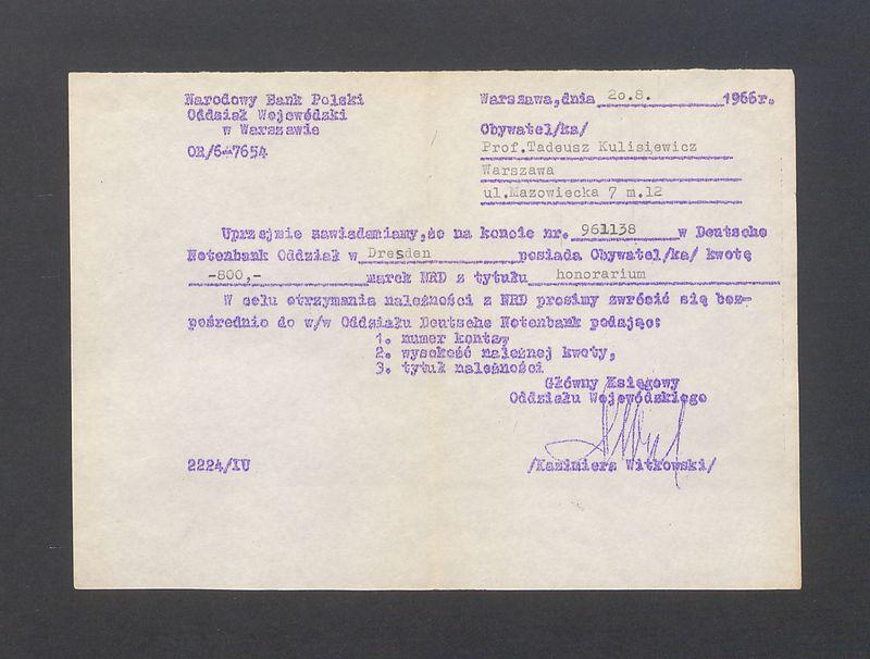 Zawiadomienie o wpłacie honorarium 