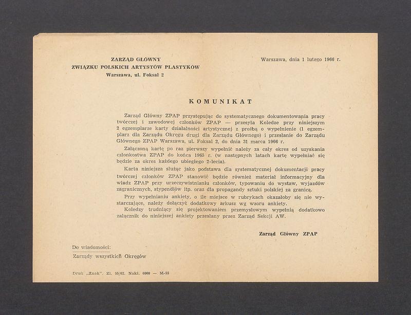 Komunikat z Zarządu Głównego Związku Polskich Artystów Plastyków