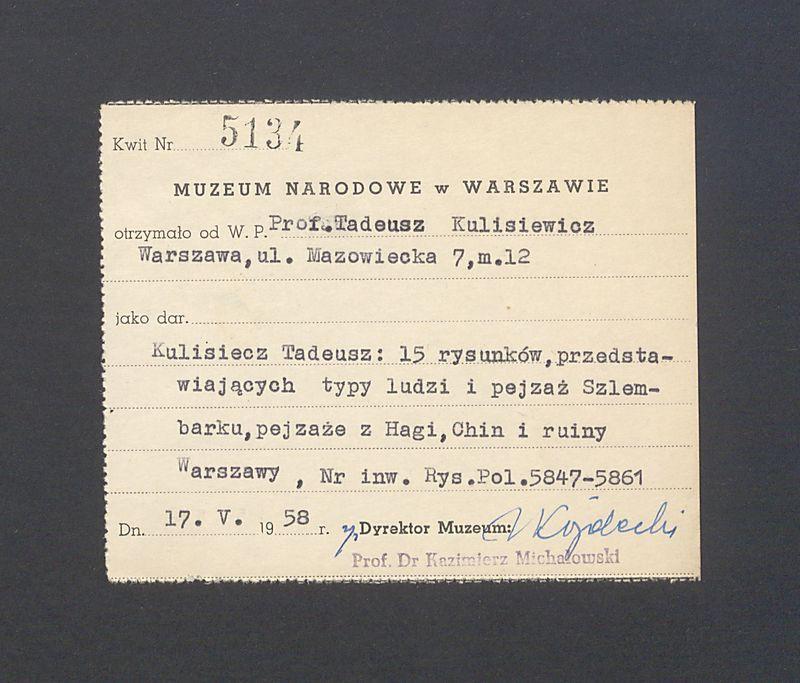 Potwierdzenie ofiarowania dzieł przez T. Kulisiewicza do Muzeum Narodowego w Warszawie