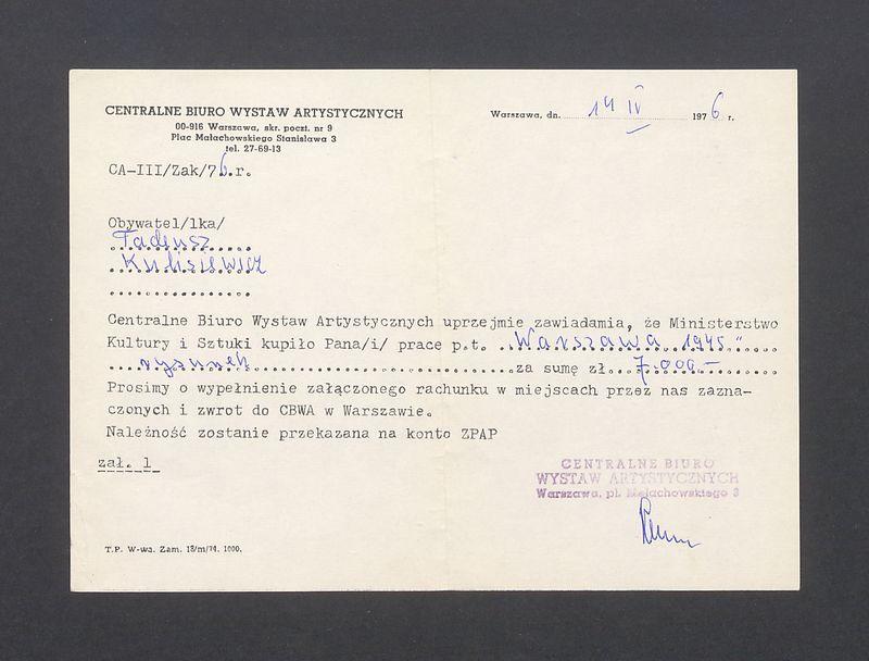 Zawiadomienie o zakupie pracy "Warszawa 1945" przez Ministerstwo Kultury i Sztuki