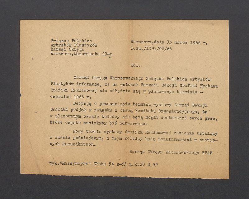 Związek Polskich Artystów Plastyków: zawiadomienie o zmianie terminu wystawy Grafiki Reklamowej