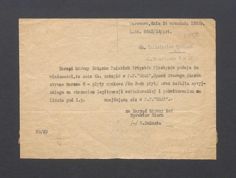 Związek Polskich Artystów Plastyków: informacja, że w punkcie "Desy" są dostępne płyty cynkowe i asfalt syryjski