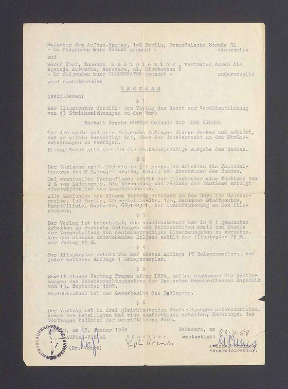 Vertrag zwischen dem Aufbau-Verlag und Herrn Prof. Tadeusz Kulisiewicz