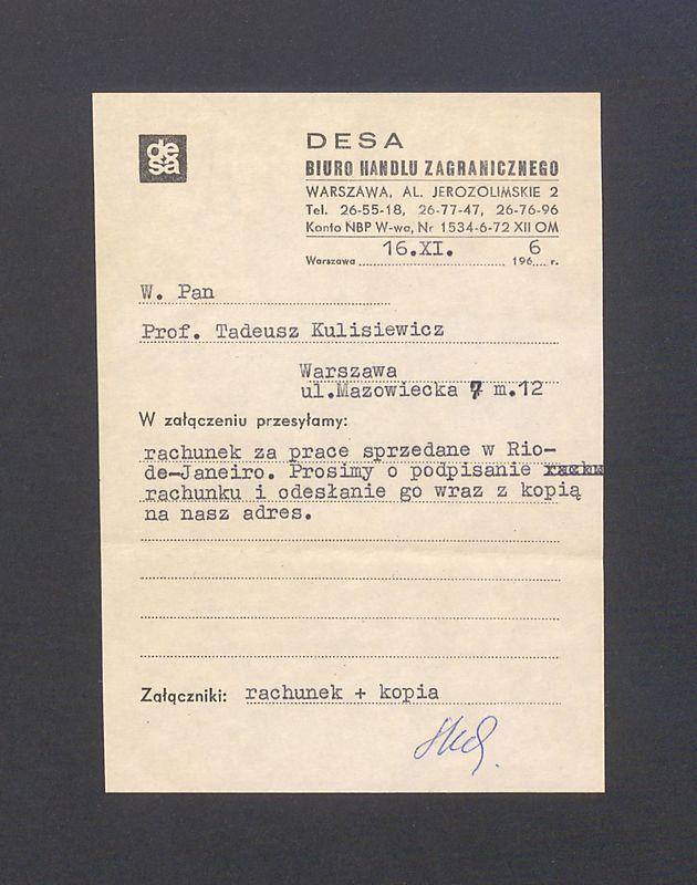 Biuro Handlu Zagranicznego: informacja o rachunku za prace sprzedane w Rio de Janeiro