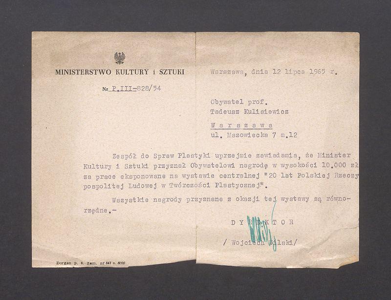 Zawiadomienie o otrzymaniu nagrody pieniężnej od Ministerstwa Kultury i Sztuki