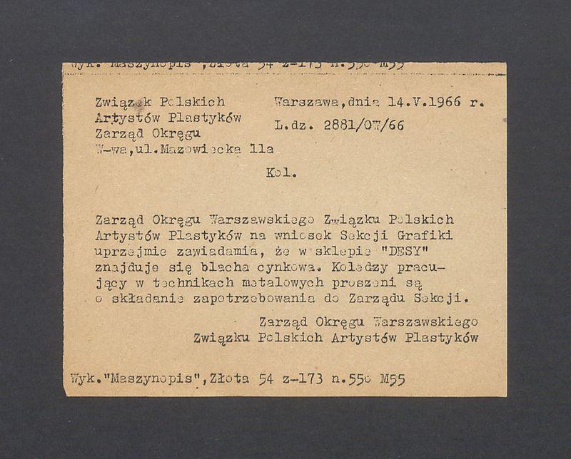 Związek  Polskich Artystów Plastyków: zawiadomienie handlowe - blacha cynkowa w sklepie "Desy"