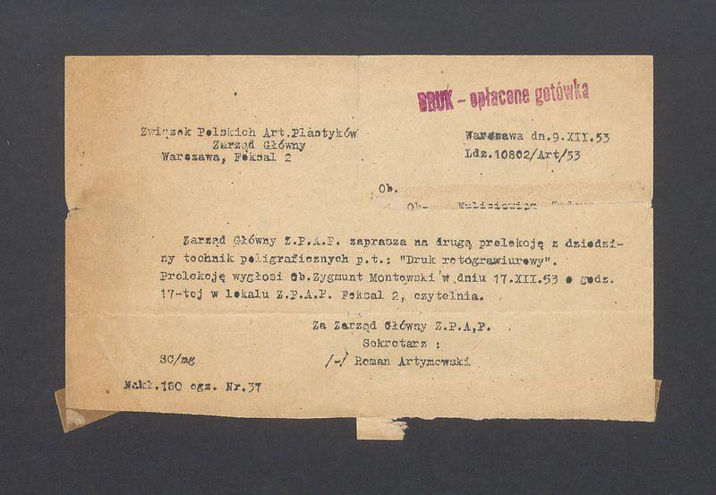 Związek Polskich Artystów Plastyków: zaproszenie na prelekcję Zyg. Montowskiego o druku rotograwiurowym