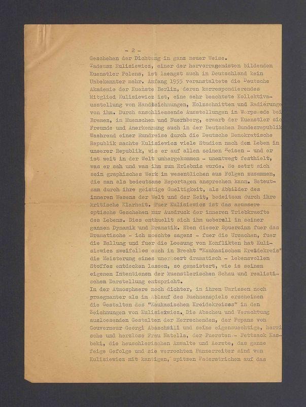 Abschrift. Zu der Ausstellung von Zeichnungen von Tadeusz Kulisiewicz zu Bertold Brechts "Kaukasischen Kreidekreis"