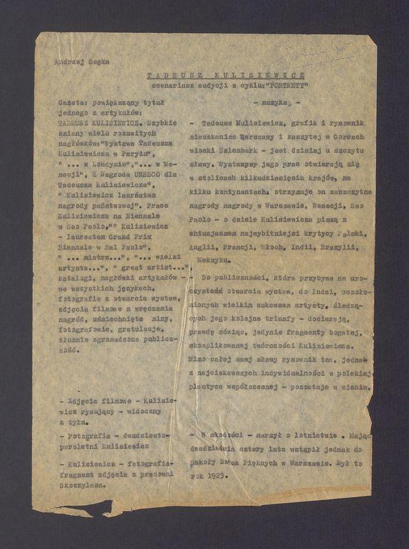 Tadeusz Kulisiewicz. Scenariusz audycji z cyklu "Portrety"