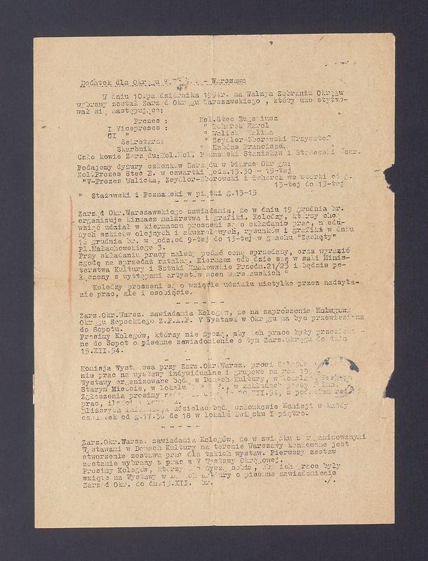 Związek Polskich Artystów Plastyków: podatek dla okr. W-wa, zawiadomienie o kiermaszu grafiki