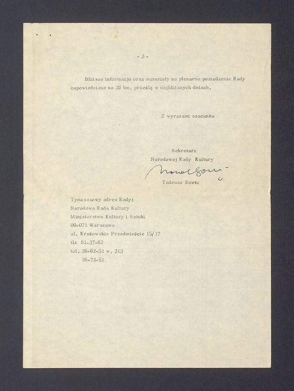 Narodowa Rada Kultury: pismo z prośbą o deklarację pracy