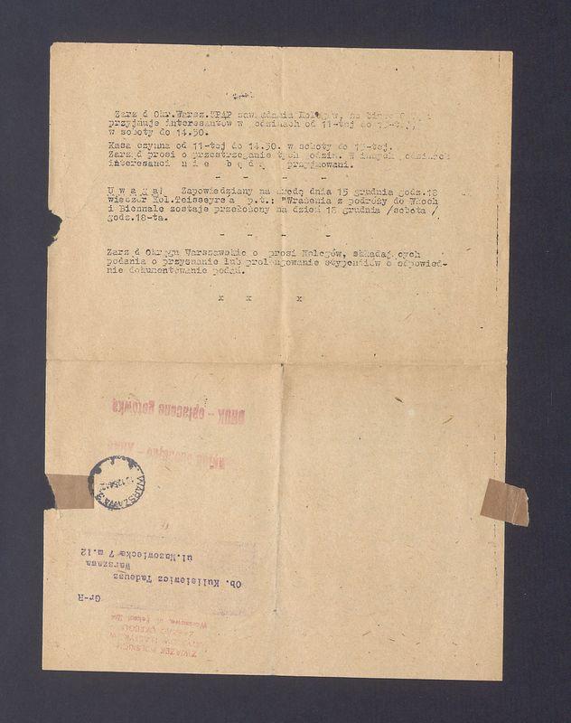 Związek Polskich Artystów Plastyków: podatek dla okr. W-wa, zawiadomienie o kiermaszu grafiki