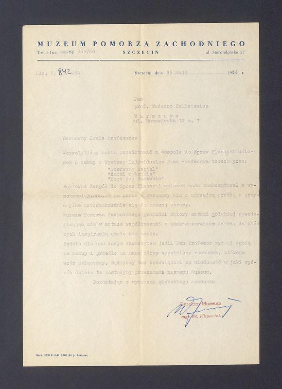 Muzeum Pomorza Zachodniego w Szczecinie: propozycja zakupu trzech prac T. Kulisiewicza do zbiorów muzeum