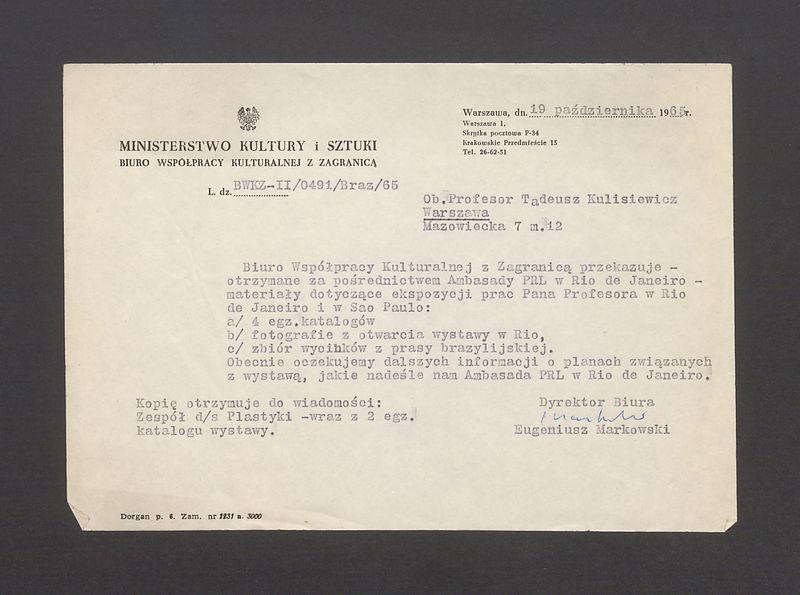 Biuro Współpracy Kulturalnej z Zagranicą przekazuje - otrzymane za pośrednictwem Ambasady PRL [...]