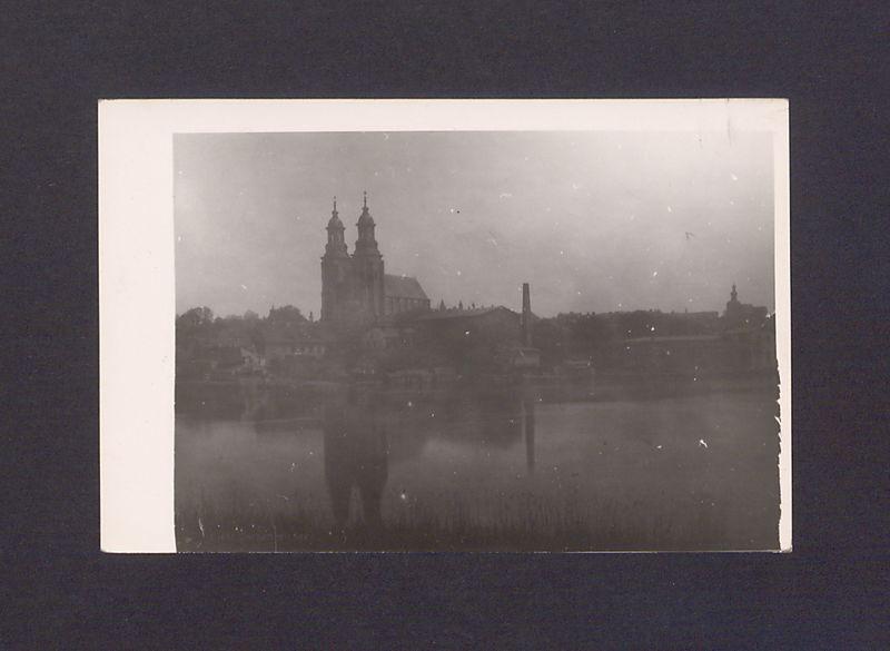 Widok z zachodniego brzegu jeziora Jelonek na gnieźnieńską katedrę.