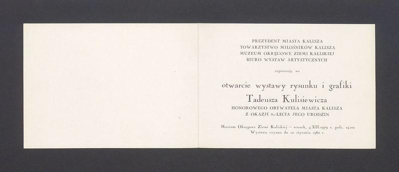Zaproszenie na otwarcie wystawy rysunku i grafiki Tadeusza Kulisiewicza