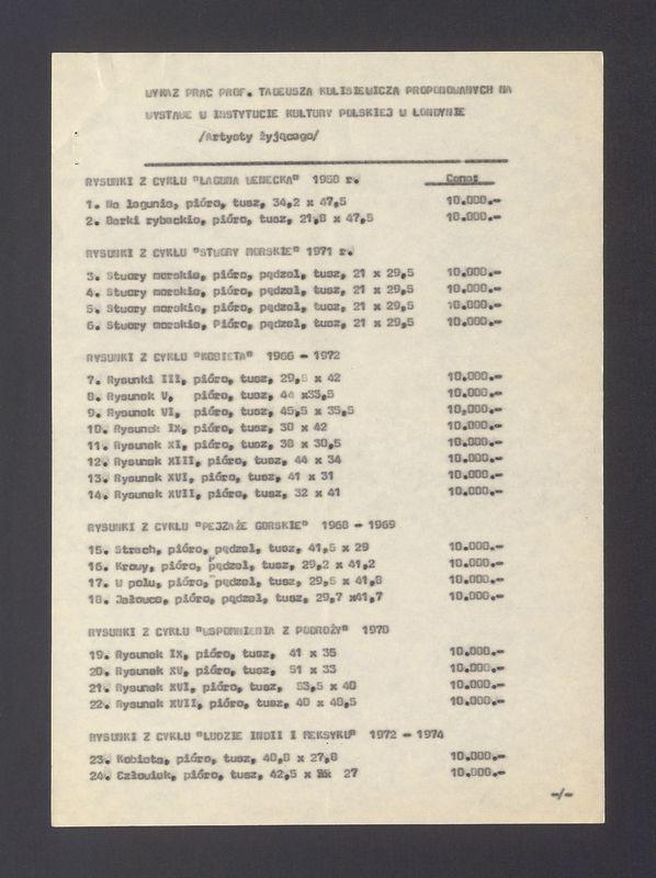 Wykaz prac prof. Tadeusza Kulisiewicza proponowanych na wystawę w Instytucie Kultury Polskiej w Londynie