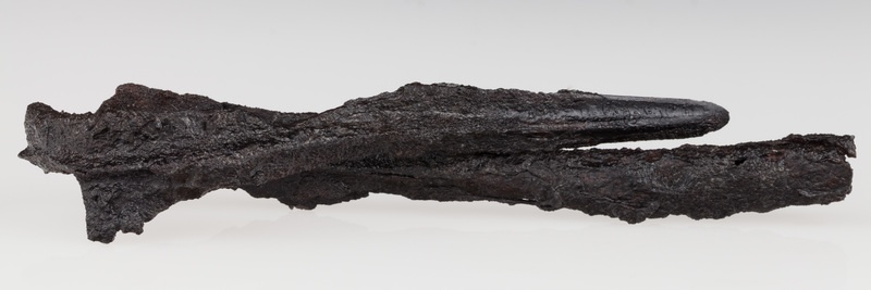 Żelazny grot włóczni o długim ostrzu, widocznym żeberku i okrągłej tulejce