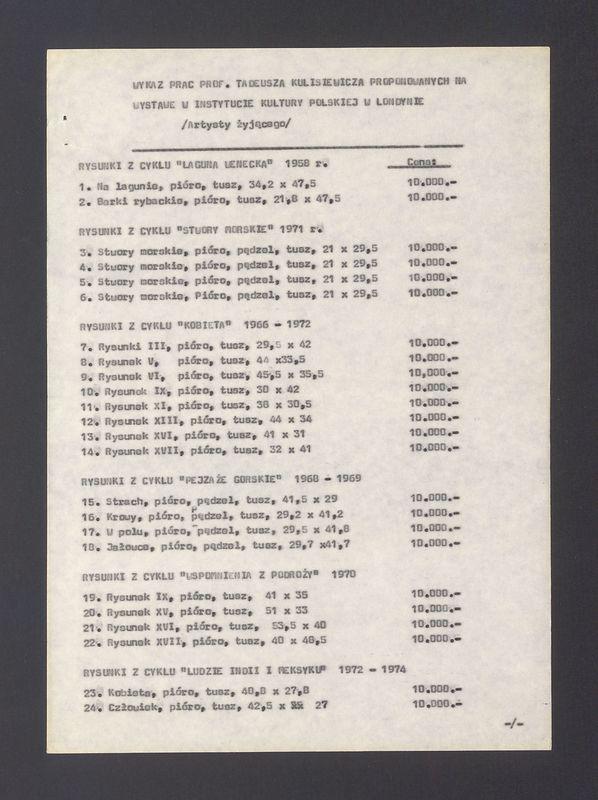 Wykaz prac prof. Tadeusza Kulisiewicza proponowanych na wystawę w Instytucie Kultury Polskiej w Londynie