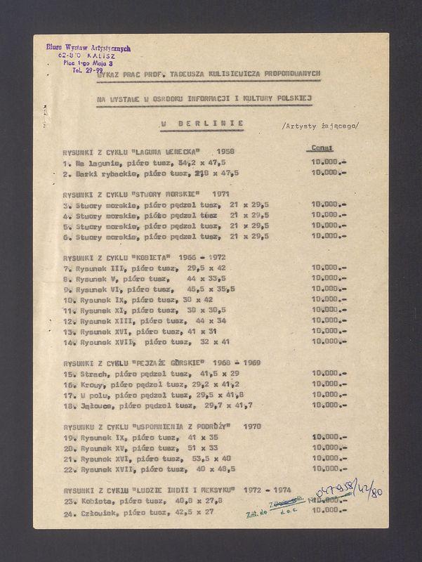 Wykaz prac Tadeusza Kulisiewicza proponowanych na wystawę w Ośrodku Informacji i Kultury Polskiej w Berlinie