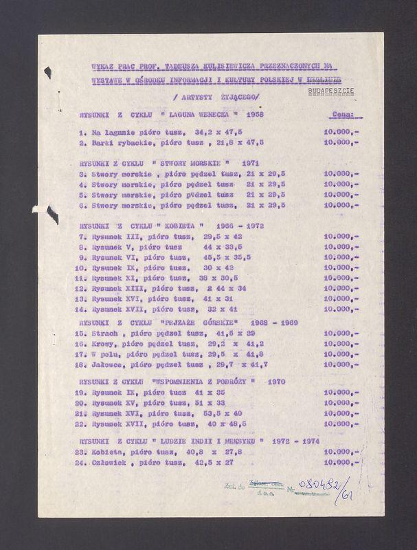Wykaz prac T. Kulisiewicza przeznaczonych na wystawę w Budaeszcie