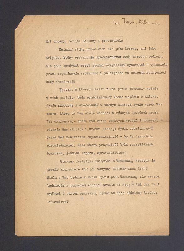 Przemówienie T. Kulisiewicza jako członka Stołecznej Rady Narodowej