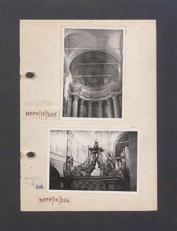 Wnętrze gnieźnieńskiej katedry. Górny fragment ołtarza barokowego z widokiem na organy.