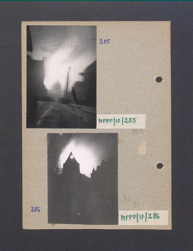 Widok na płonącą katedrę od ul. Tumskiej.