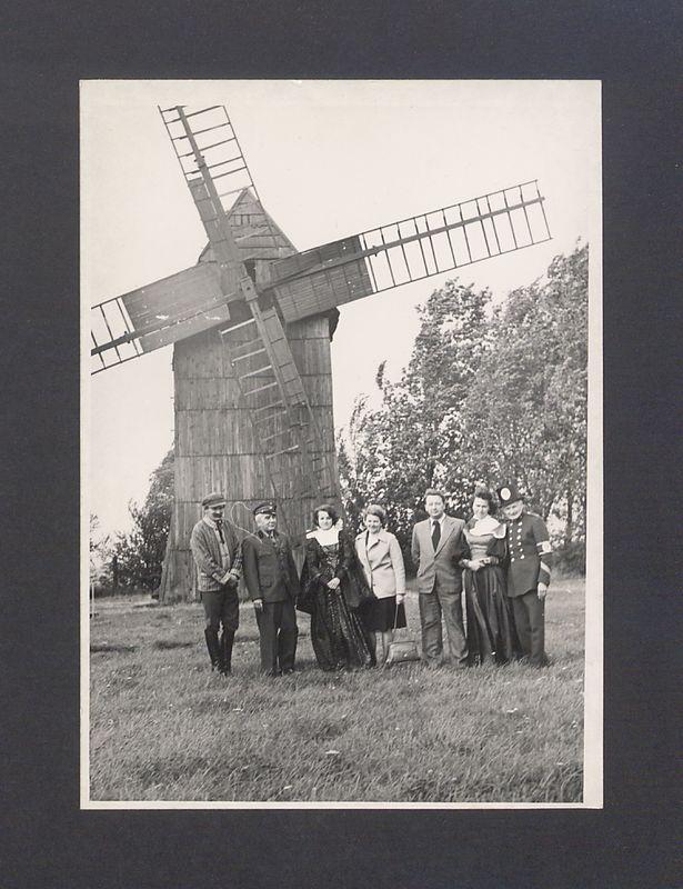 Siedmioosobowa grupa na tle wiatraka na Lednicy.