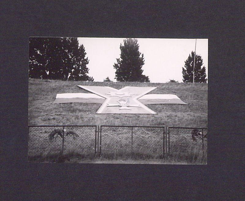 25-lecie Polskiej Rzeczypospolitej Ludowej.Skrzyżowane flagi położone na murawie.